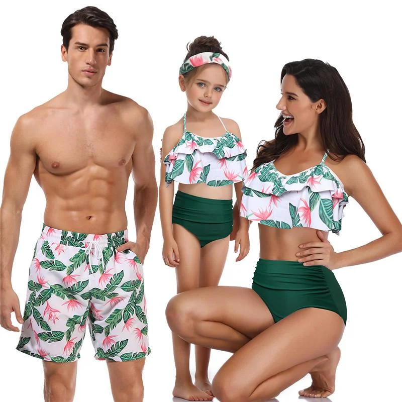 Family Matching Tropical Swimsuits Solid Color Swimsuit