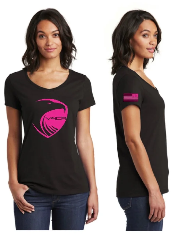 Women's Black w/Hot Pink V-Neck Fitted T-shirt-- Fleece Nylon Spandex