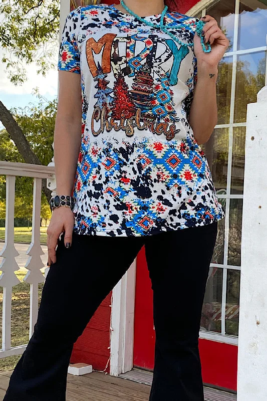 XCH0722-25 Merry Christmas Aztec & cow printed t-shirt-- Welt Pockets Slit Pockets Flap Pockets