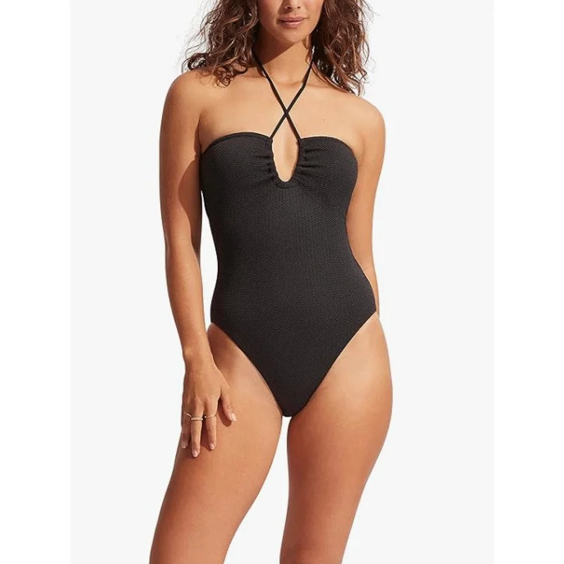 SEAFOLLY Sea Dive Halter Bandeau One Piece Swimsuit US 8 Black A2701 Lace-Detail Bikini Set