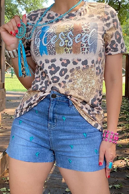 DLH12683 BLESSED Leopard printed t-shirt-- Collared T-Shirt Boat Neck A-Line