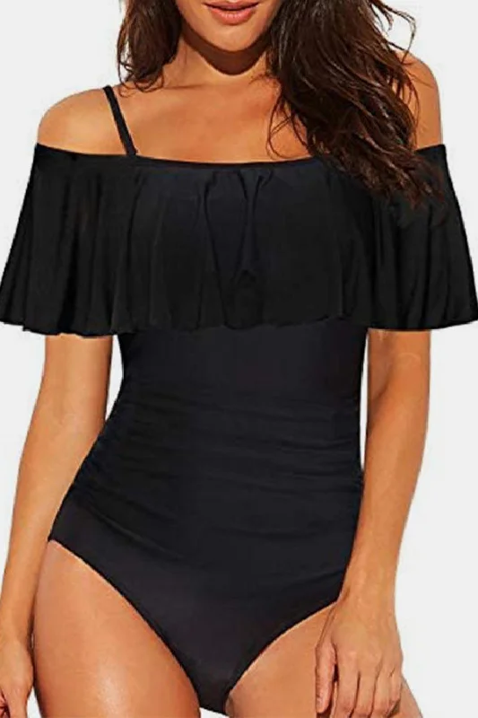Spaghetti Strap Fold-Over One-Piece Swimsuit Ruffled Swimsuit Top