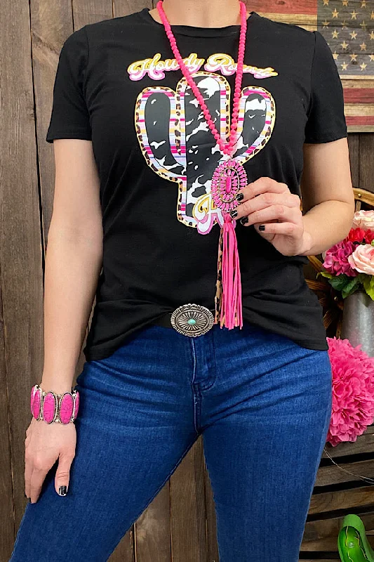 DLH9546 "Howdy Rowdy Honey" Black cactus printed t-shirt-- Beaded Sequined Faux Fur