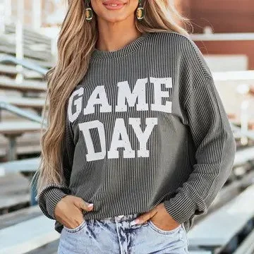 Dark Grey Game Day Corded Long Sleeve Shirt-- Handmade Hand-knitted Hand-woven