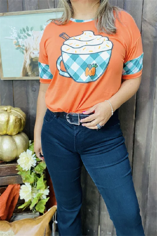 DLH9899 Orange pumpkin spice latte printed women t-shirt-- Hooded Caped Shawl Collar