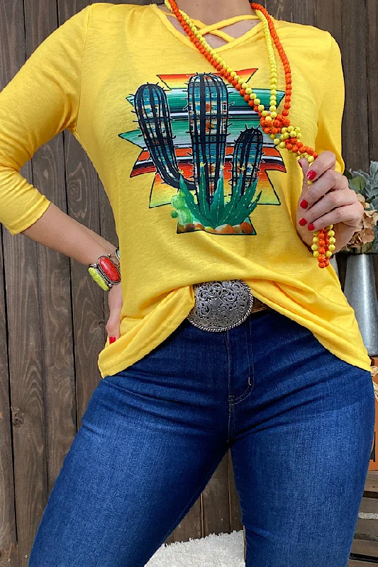 XCH10394 Yellow 3/4 sleeve t-shirt w/serape cactus print-- Fleece Nylon Spandex