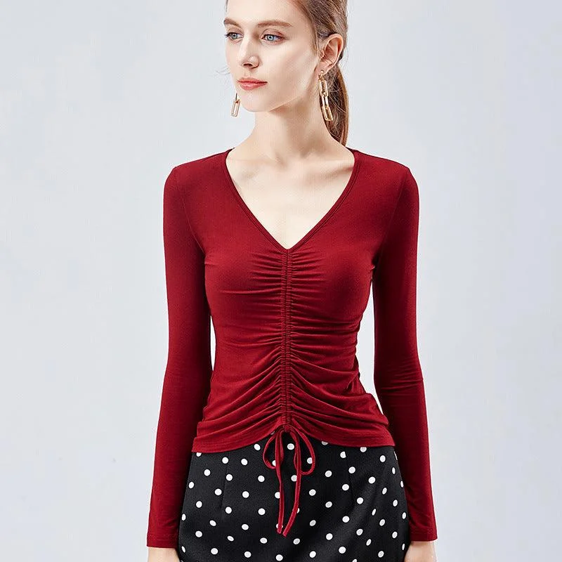 Squeezing onto clothing women's autumn women's clothing long sleeves 2019 V collar lumbar tie decoration T-shirt-- Knit Fabric Woven Fabric Fleece Fabric