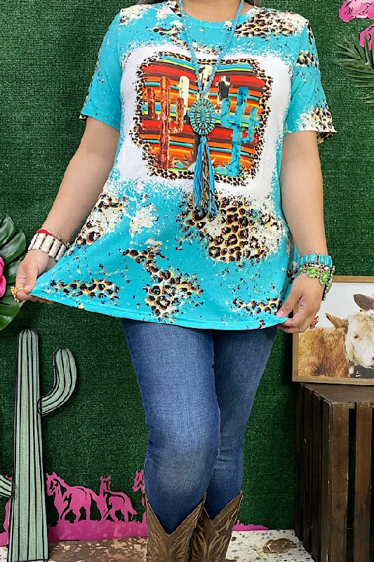 XCH12974 Turquoise leopard serape & cactus printed short sleeve t-shirt-- Chenille Blend Fleece Blend Nylon Blend