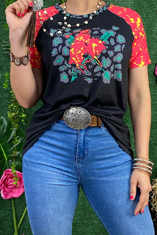 XCH10789 Black & tie dye cowboy riding a horse printed t-shirt-- Zippered Front Buttoned Front Snap Front