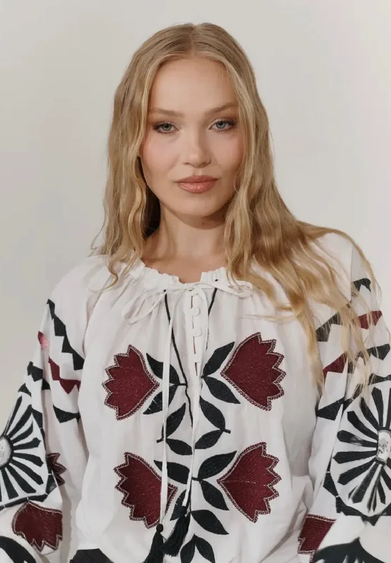 White Shirt with Embroidered Accent-- Striped Floral Plaid