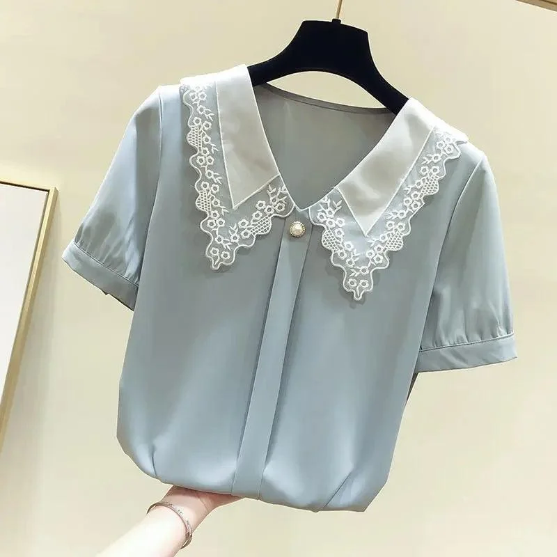 Aiertu Women Spring Summer Style Chiffon Blouses Shirts Lady Casual Short Sleeve Peter Pan Collar Chiffon Blusas Tops ZZ0792-- Fitted T-Shirt Seamless Stretchy