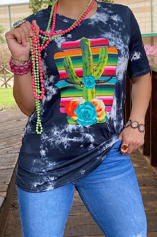 Black cactus & serape printed t-shirt-- Graphic T-Shirt Round Neck Polyester