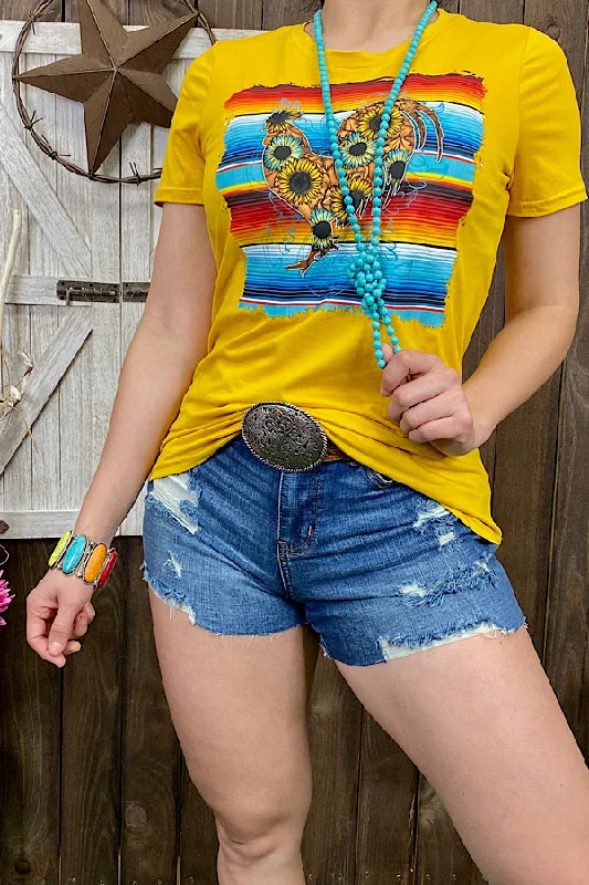 DLH9966 Yellow/serape & sunflower printed rooster short sleeve t-shirt-- Iron Safe Non-Iron Wrinkle Free