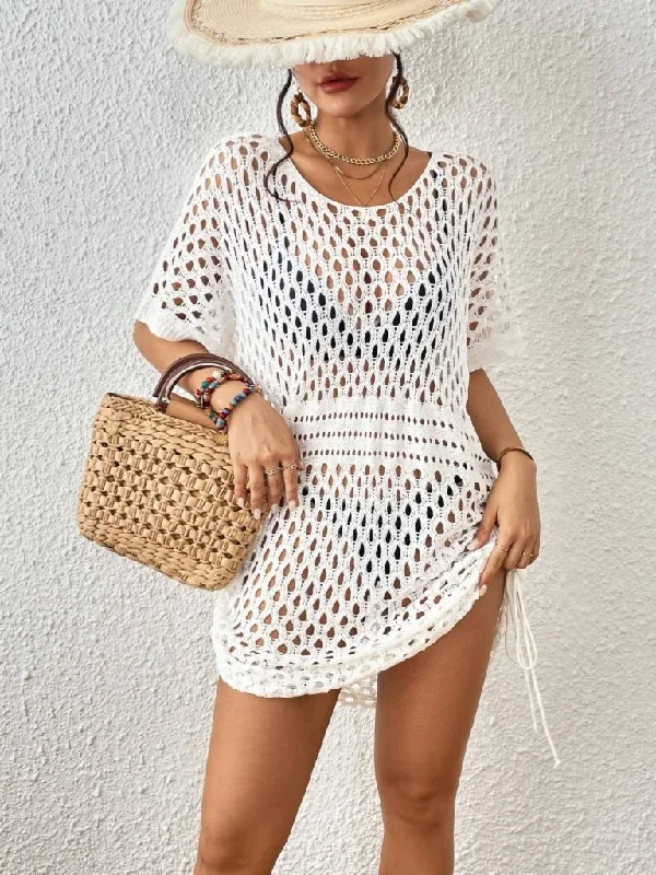 Swimsuit White Crochet Cover Up Swim Dress with Belt