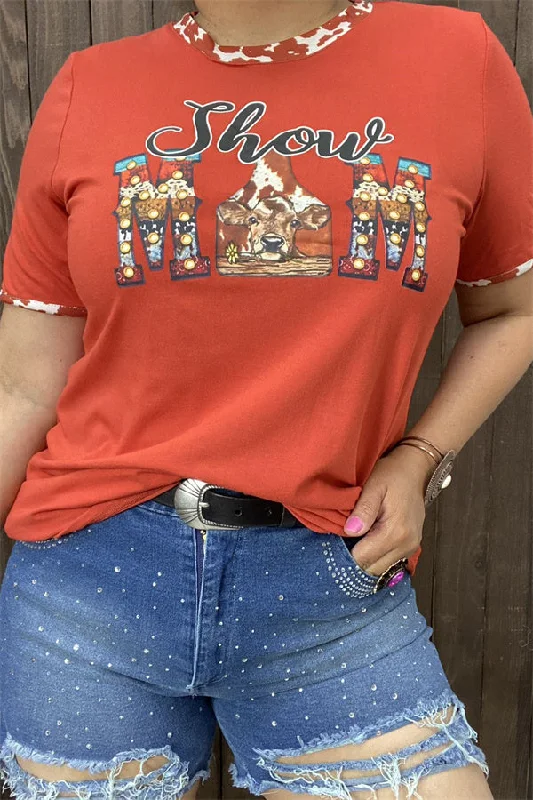 DLH11750 SHOW MOM cow graphic orange printed short sleeve women t-shirt-- Polka Dot Checkered Tartan