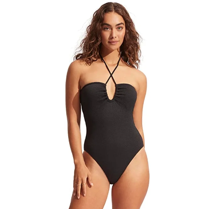 SEAFOLLY Sea Dive Halter Bandeau One Piece Swimsuit US 12 Black Solid Color Swimsuit