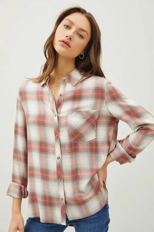 A Familiar Place Red/Grey Flannel Plaid Shirt (Size Small)-- Spandex Blend Rayon Blend Denim Blend