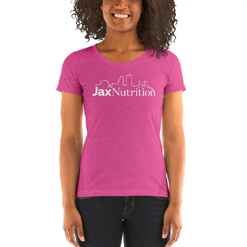 Jax Nutrition White Logo Ladies short sleeve t-shirt (Bella + Canvas 8413)-- Silk Blend Satin Velvet
