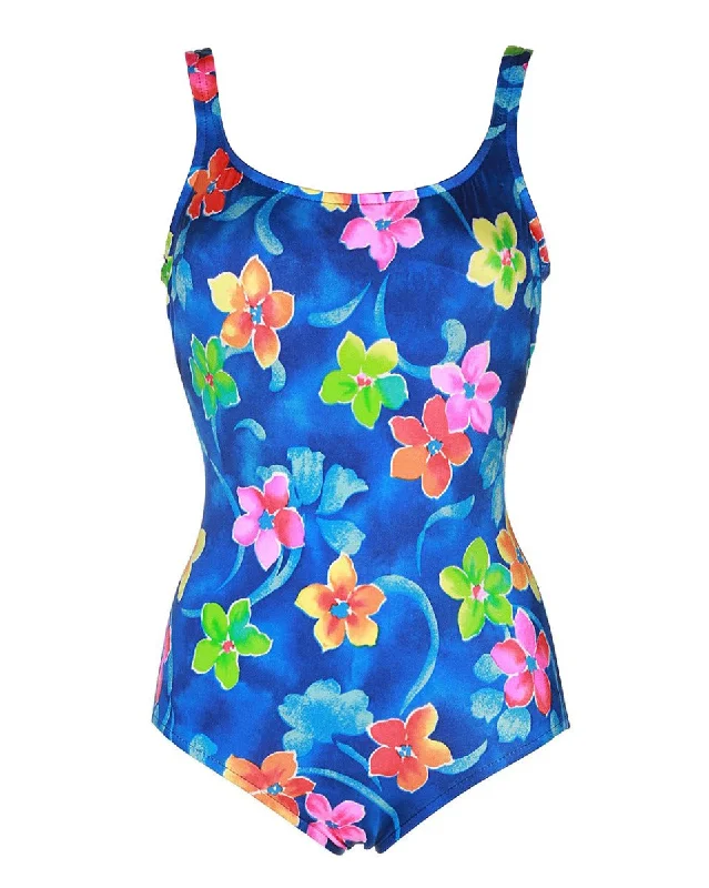 90s Blue Floral Swimsuit - M Elegant Ruffle Swimsuit