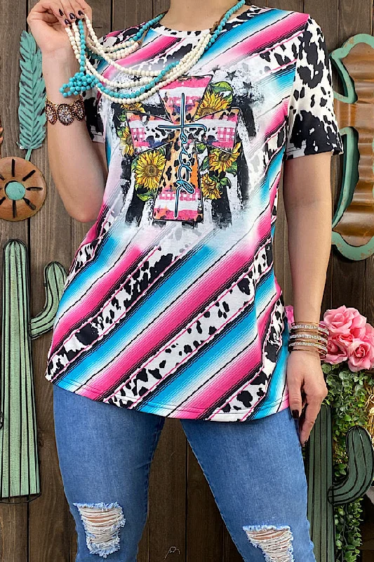 XCH13081 FAITH serape & cow printed short sleeve t-shirt-- Knit Fabric Woven Fabric Fleece Fabric