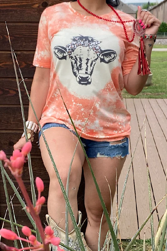 DLH12160 Orange cow printed t-shirt-- Mesh Canvas Denim