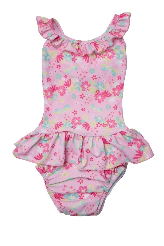 Floral Swimsuit Double Ruffled Built in Reusable Absorbent Swim Diaper Classic Sporty Swimsuit