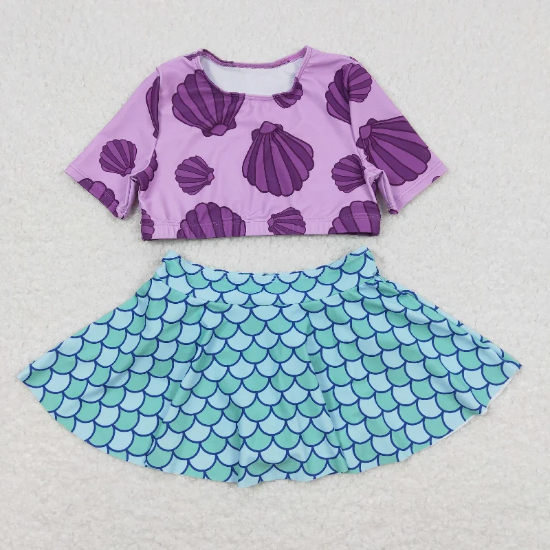 S0222 NO MOQ Shell purple short sleeve fish scale pattern skirt swimsuit Beach Ready Swimsuit
