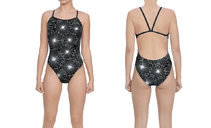 Black Starburst Women’s Open Back Thin Strap Swimsuit Playful Pattern Swimsuit