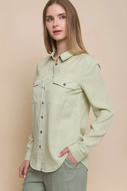 Dish It Up Scoop Neck Light Green Button Down Shirt-- Thin T-Shirt Open Front Quick Dry