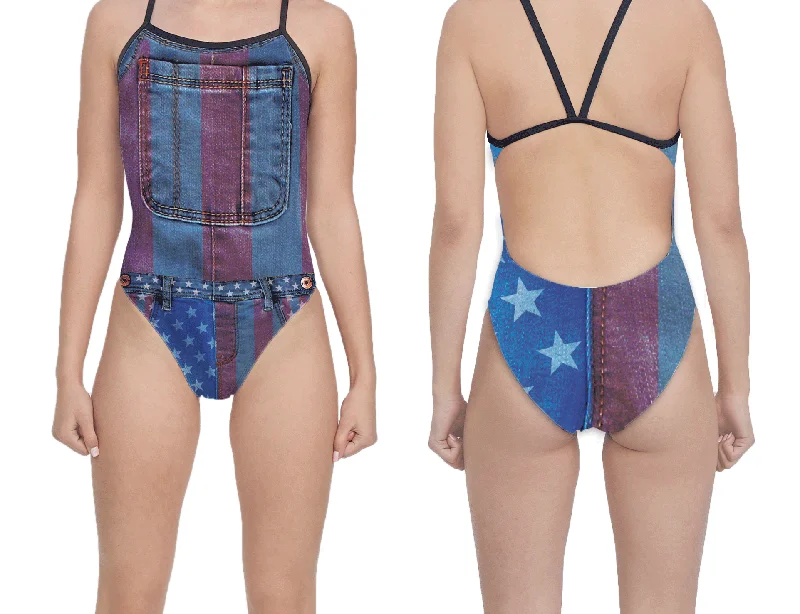 USA Denim Women's Open Back Thin Strap Swimsuit Floral Print Swimsuit
