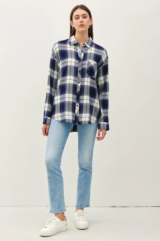 Fleeting Thoughts Navy Plaid Button Down Shirt-- Mesh Blend Leather Blend Suede Blend