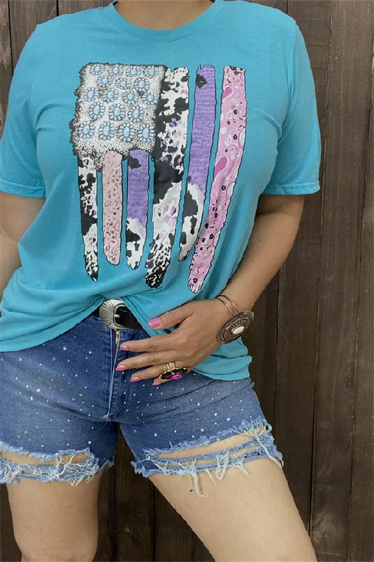DLH10860 Blue t-shirt w/multi cow & jewel printed short sleeve women tops-- Print Jacquard Patchwork