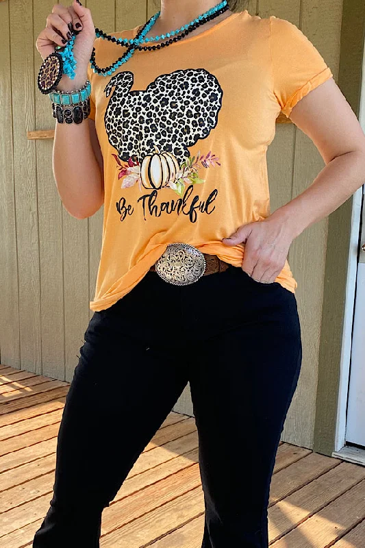 DLH7955 BE THANKFUL Orange t-shirt w/ leopard printed turkey-- Front Pockets Side Pockets Patch Pockets