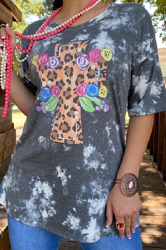 DLH12877 Leopard & floral cross printed t-shirt-- Print Jacquard Patchwork