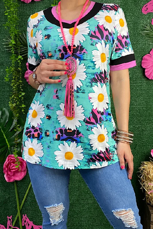 DLH11644 Daisy & leopard purple printed t-shirt-- Welt Pockets Slit Pockets Flap Pockets