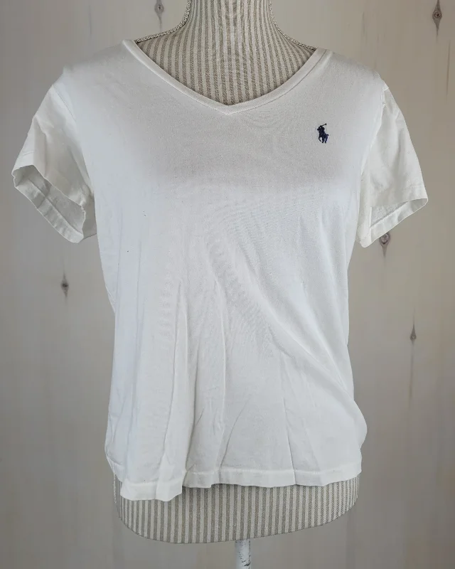 RALPH LAUREN POLO VNECK WHITE TSHIRT LADIES LARGE PRE-LOVED-- Chenille Blend Fleece Blend Nylon Blend