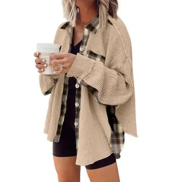Overcome The Odds Apricot Plaid Waffle Splice Button Shirt-- Satin Fabric Silk Fabric Chiffon Fabric