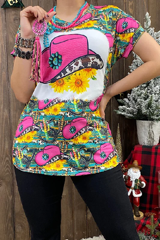 DLH0913-18 Pink cowgirl hat & cactus printed short sleeve t-shirts-- Hooded Caped Shawl Collar