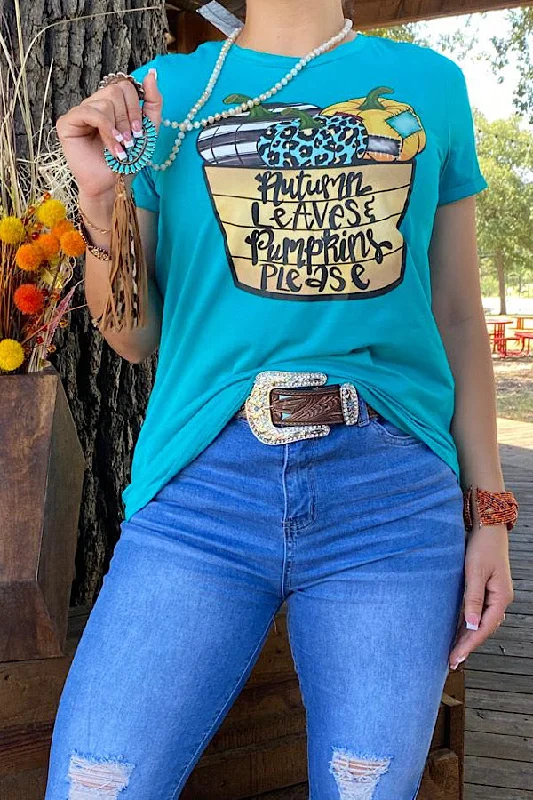 DLH9748 AUTUMN LEAVES & PUMPKINS PLEASE T-shirt-- Notch Collar Peter Pan Collar Cowl Neck
