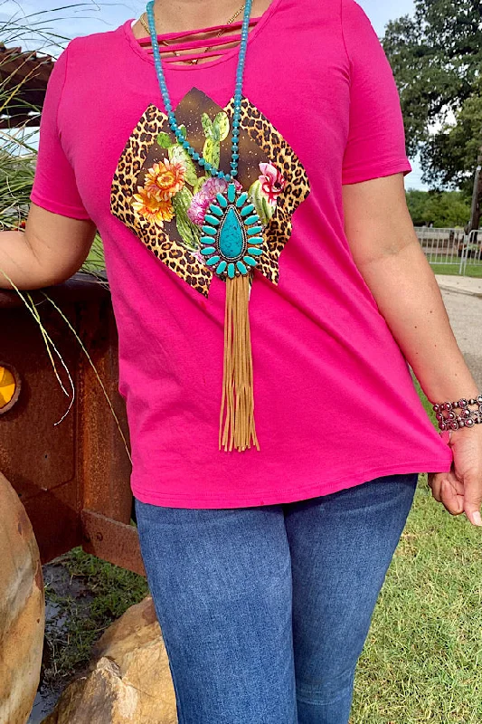 DLH10323 Fuchsia leopard printed & cactus t-shirt-- Chenille Brocade Lace