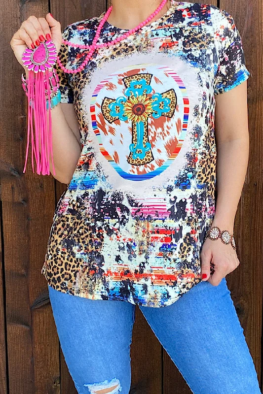 XCH0722-22 Multi printed cross t-shirt-- Striped Floral Plaid