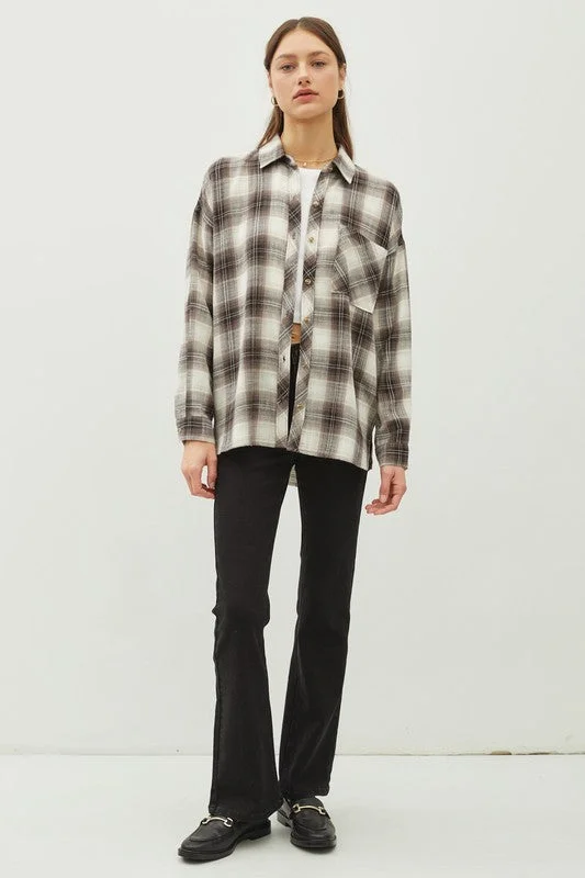 Take It From Me Charcoal Plaid Oversized Flannel Shirt-- Lace Blend Ribbed Blend Corduroy Blend