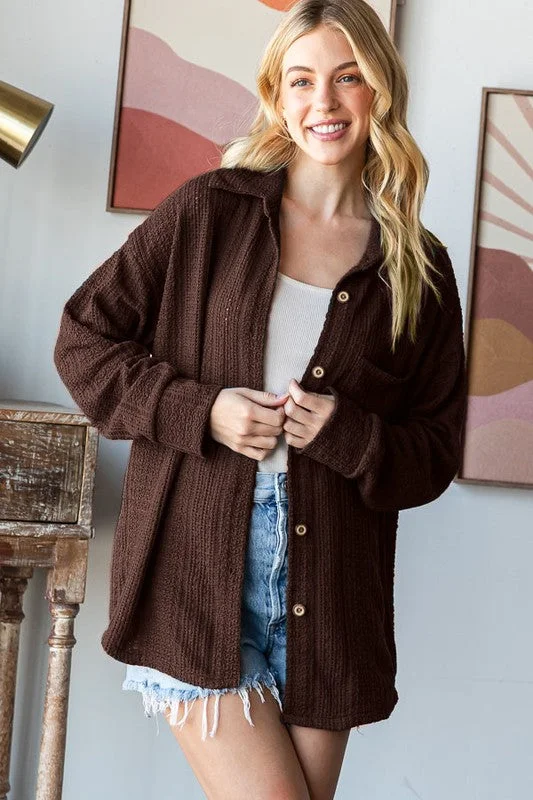 Between You And Me Brown Textured Button Shirt-- Chenille Brocade Lace