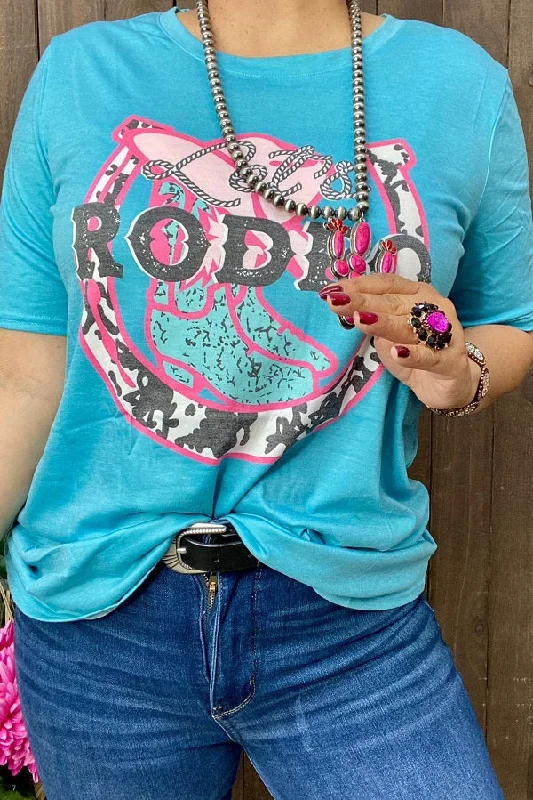 DLH12320 Rodeo cowgirl printed turquoise women T-shirt-- Rayon Velvet Corduroy