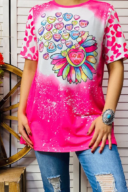 XCH14625 Hearts printed leopard short sleeve tie dye t-shirt-- Graphic Embroidered Appliqued