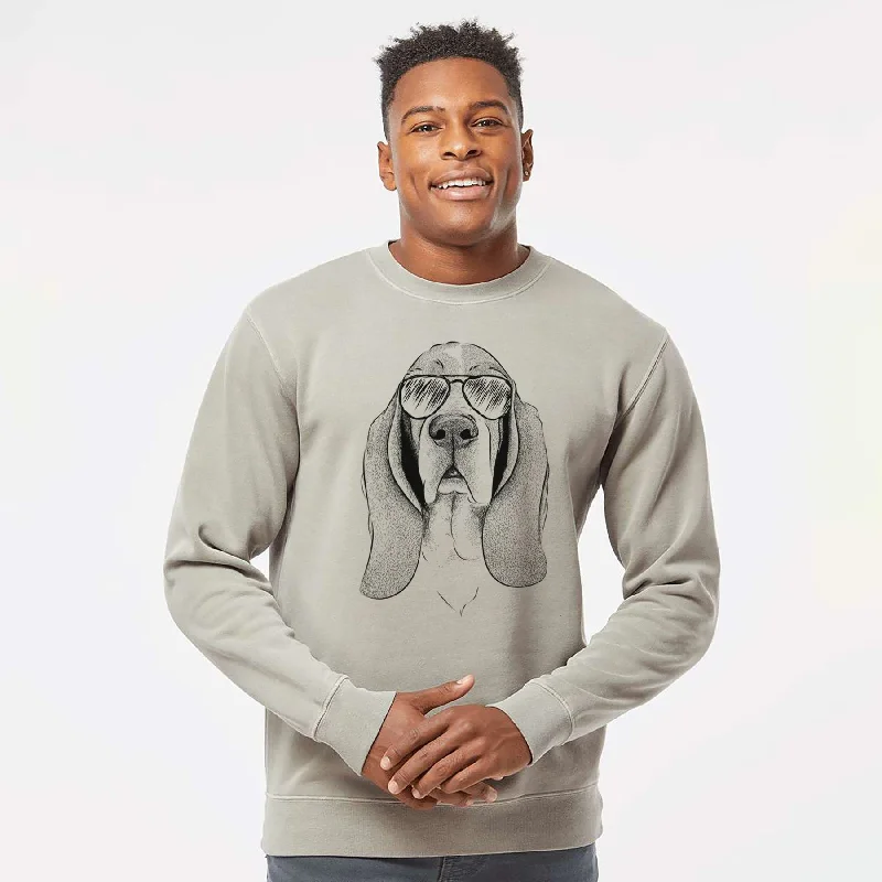 Aviator Buckley the Basset Hound - Unisex Pigment Dyed Crew Sweatshirt Hoodie with Hem Fringe Bohemian Relaxed