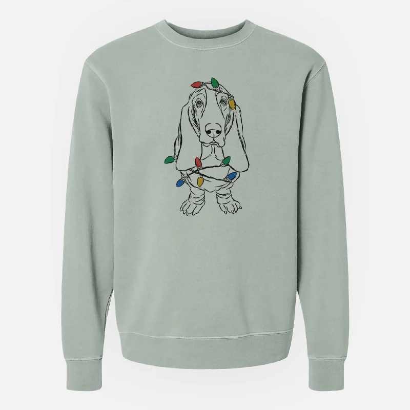 Christmas Lights Charlie the Basset Hound - Unisex Pigment Dyed Crew Sweatshirt Hoodie with Side Slits Relaxed Casual