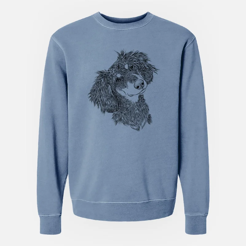 Bare Bailey the Long Haired Dachshund - Unisex Pigment Dyed Crew Sweatshirt Hoodie with Embroidery Detailed Premium