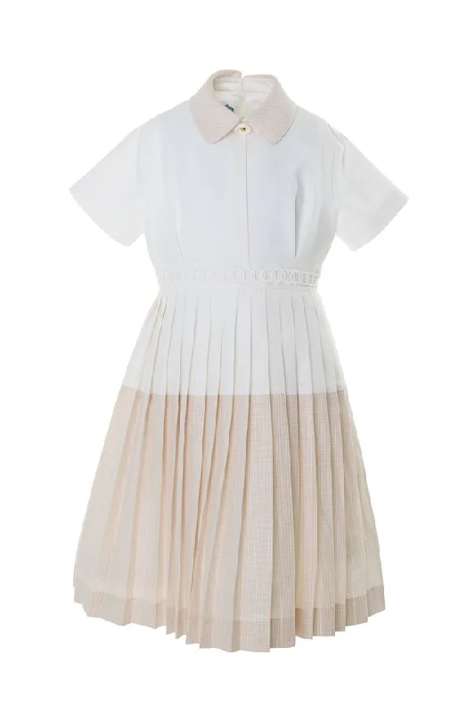 Beige Pleated Cotton Dress empire Waist empire