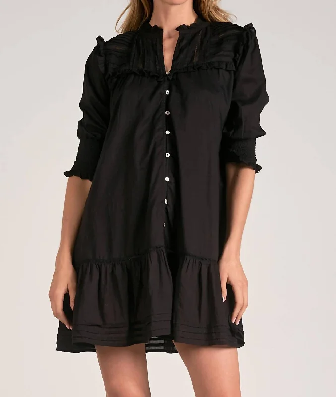Long Sleeve Frill Button Dress In Black Shift Classic Vintage